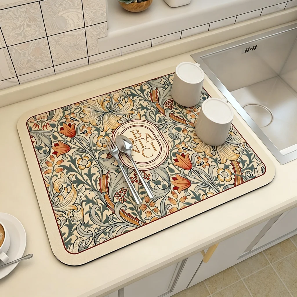 VIKAMA Kitchen Drain Mat Vintage Floral Oil Painting Botanical Square Kitchen Counter Mat Highly Absorbent Fast Drying Anti Skid