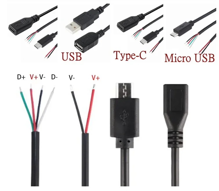 Micro USB A Type-C Wire Female Male Jack Power Supply Extension Cable 4 Pin 2 Pin 4 Wires DIY Data Line Charging Cord 0.25m-2m
