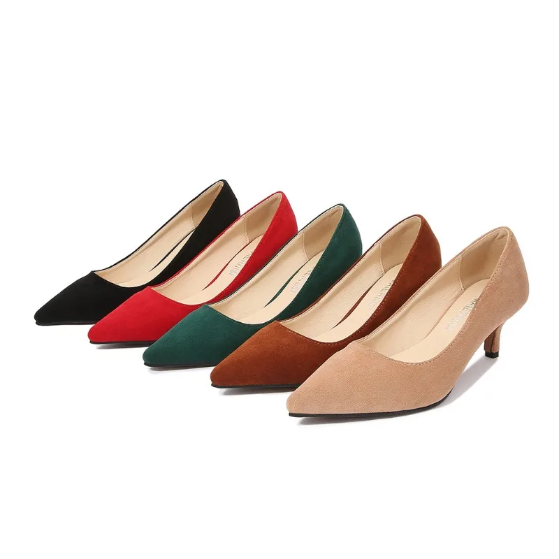 

Comfort 5CM Thin High Heels Office Pointed Red Single Shoes Outdoor Walking Daily Women's Shoes Plus Size 46 Woman Suede Pumps