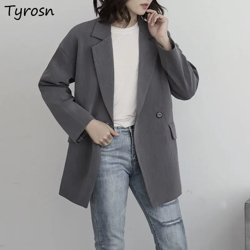 Blazers Women Double Breasted Solid Gray Blazer Elegant All-match Design Streetwear Korean Style Notched Outwear Femme French