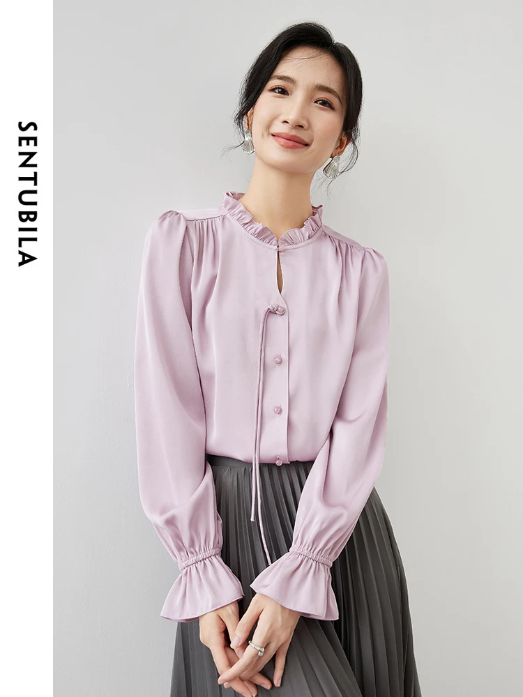 SENTUBILA Texture Satin Shirt for Women 2024 Autumn Straight Hollow Out Ruffled Neck Puff Sleeve Elegantly Women Top 143C55441