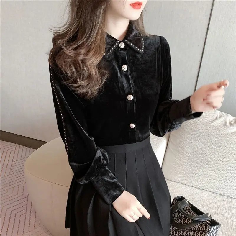 Women Clothing Stylish Vintage Rivet Gold Velvet Button Up Shirts Elegant Chic Lapel Black Blouses Long Sleeve Slim Fleece Tops