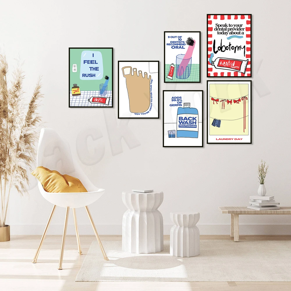 Feel Bathroom Sprint Art, Anti Mouthwash, Picking Toe Prints, Red Bow, Laundry Art, Toothbrush Oral Health Art, Girls Poster,