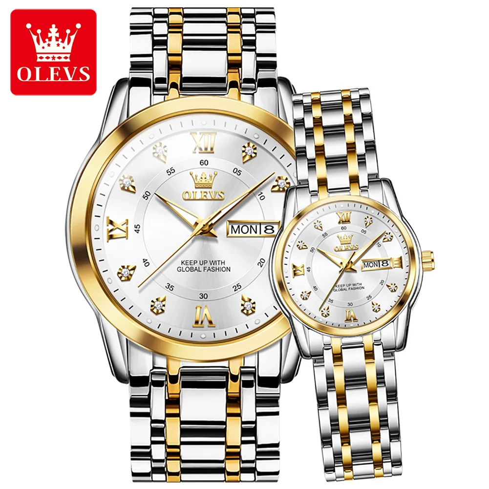 OLEVS 5513 Couple Watch Stainless Steel Waterproof Dual Calendar Trendy Quartz Watch for Men Women Elegant Lover's Wrist Watches