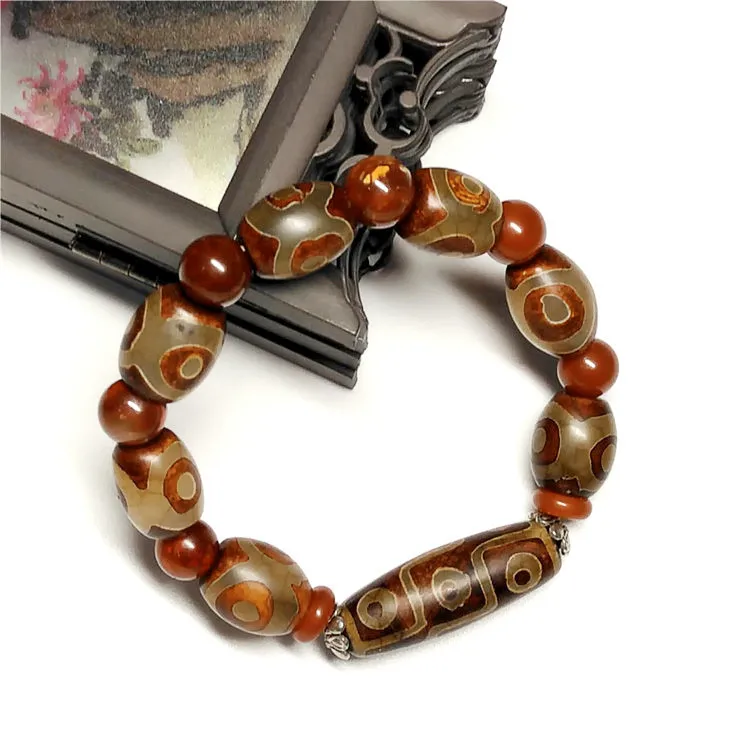 Tibetan Agate Three and Nine Eye DZi Bead Lozenge Bracelets, Men's and Women's National Style Popular Bracelet