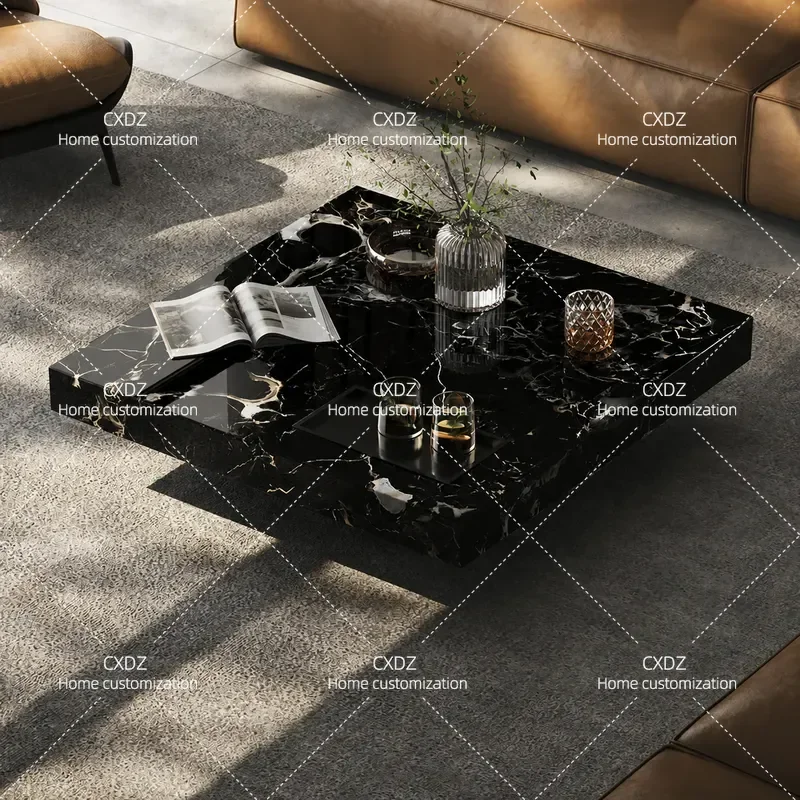 Italian Minimalist Natural Black Rose Luxury Stone Coffee Table Household Light Luxury High End Living Room Square Marble
