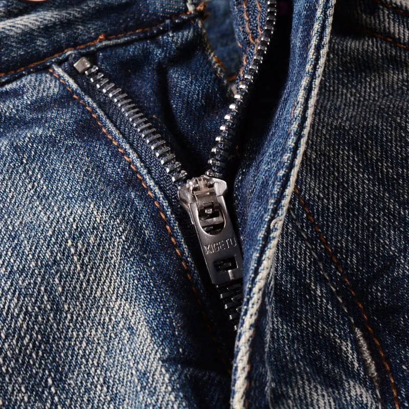 Fashion Designer Men Jeans Retro Washed Blue Stretch Slim Fit Ripped Jeans Men Embroidery Patched Vintage Denim Pants Hombre