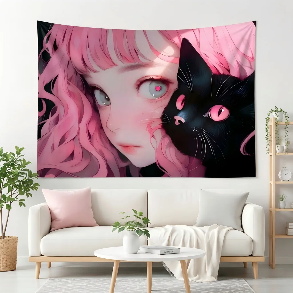 Pink Curly Hair Anime Girl With Black Cat Tapestry, Fantasy Wall Blanket, Dorm Bedroom Background Decor