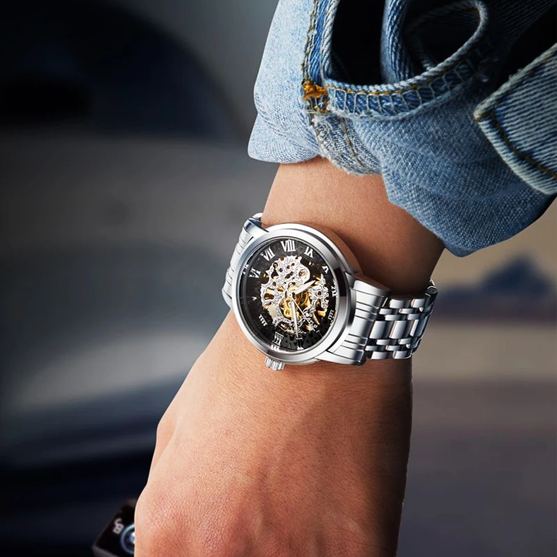 ساعة أوتوماتيكية فاخرة للرجل ساعة ميكانيكية مقاومة للماء مضيئة من الفولاذ المقاوم للصدأ ساعة أوتوماتيكية ساعات مجوفة relógios