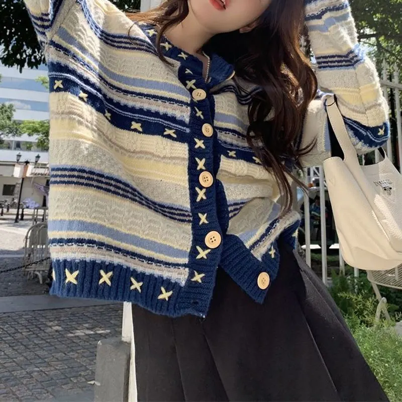 Cardigan solto de malha listrada cor vintage, roupas femininas elegantes, outono e inverno, o-pescoço, suéteres de peito único