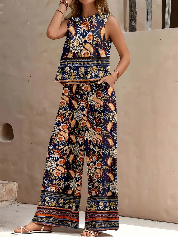 Retro Ethnic Style 3D Printed Casual Women's Long Pants Set, Harajuku Street Fashion Sleeveless Top And Long Pants S-XL