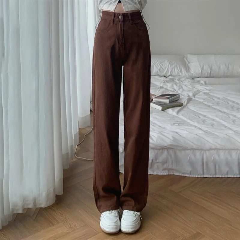 Summer Women Brown Jeans High Waist Loose Straight Wide Leg Denim Female Y2k Casual Streetwear Vintage Baggy Trouser