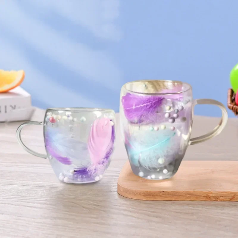 250/350ml Double-layer Glass Coffee Cup with Feather Design Clear Heat-resistant Glass Mug Household Office Cups Creativity Gift