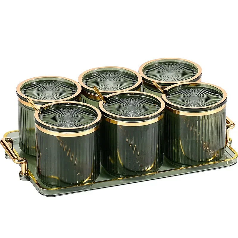 برطمان توابل من الأكريليك مع صينية ، وعاء توابل ، رشاش ملح ، منظم زجاجات سكر ، لوازم المطبخ المنزلي ، مجموعة تخزين ، 1 144