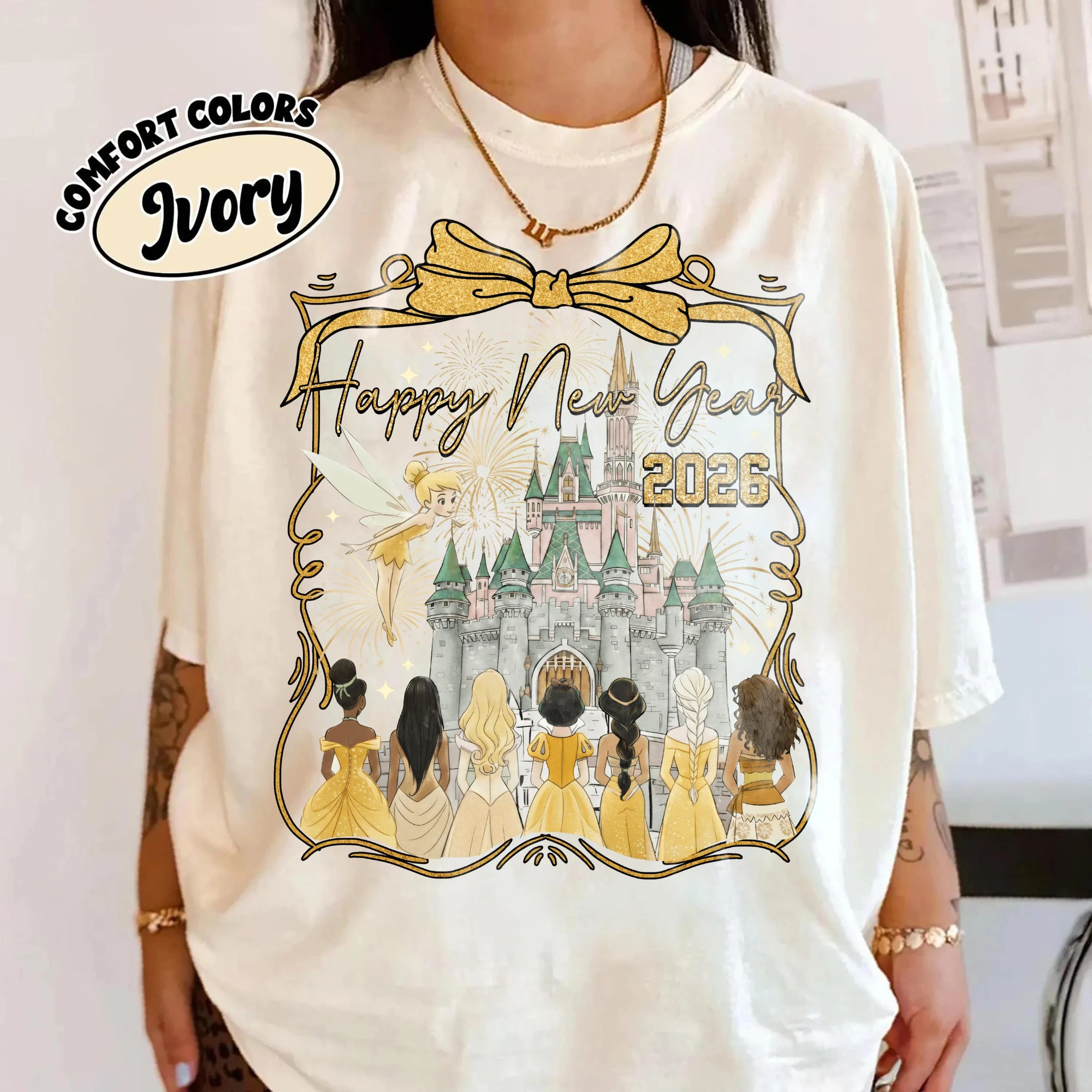 

С Новым годом 2026. Принцесса Диснея! Грайкий волшебный замок, новогодняя фейерверковая рубашка, новогодняя дорожная футболка принцессы Диснея