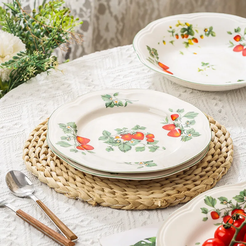 Juego de platos y cuencos Retro de fresa, plato decorativo de cerámica para ensalada, postre, plato para Pasta y curry, vajilla