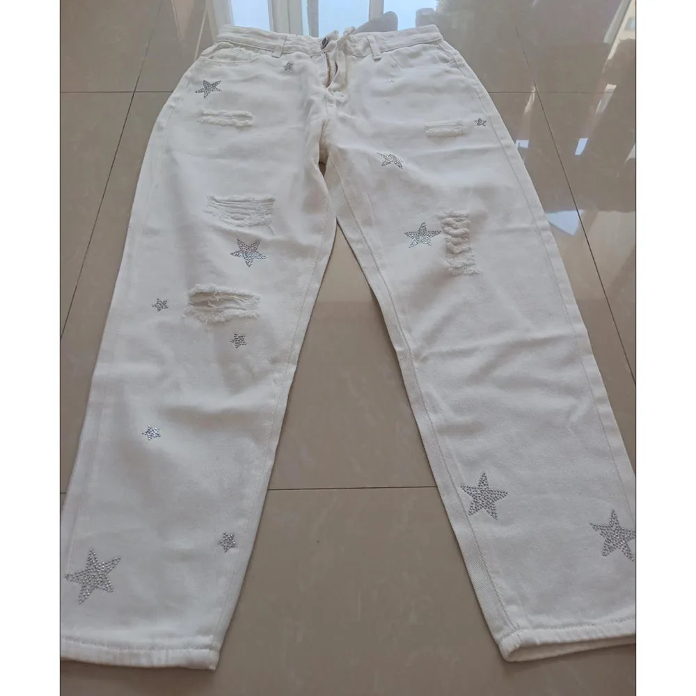 

Women White Jeans Hole Jeans Spring Summer High Waist Streetwear Harajuku Straight Denim Trousers Casual Ankle-length Trousers