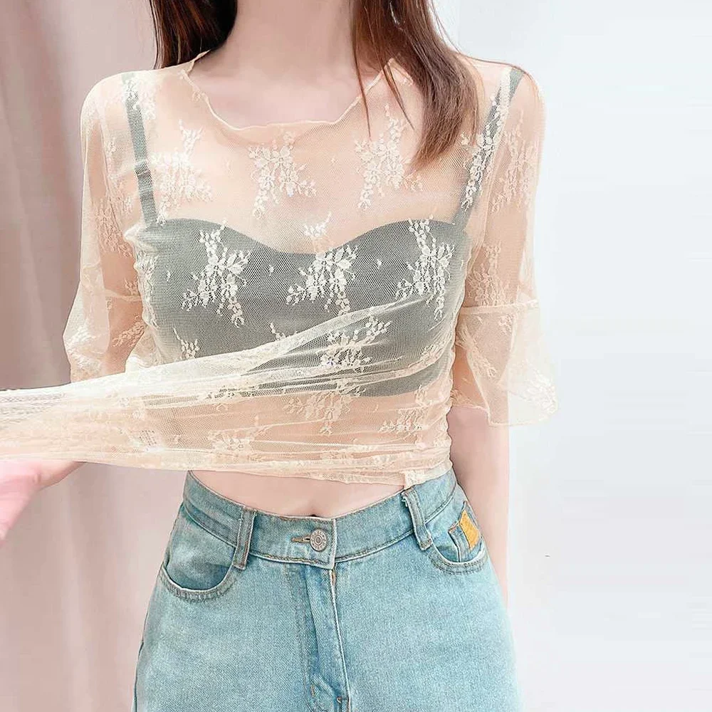 

See Through O Neck Flare Half Sleeve T Shirt Women Y2K Black White Coffee Brown Transparent Stretch Flower Lace Mesh Top Girl