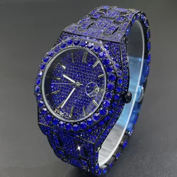 MISSFOX Fashion Iced Out Watch For Men Luxury Stainless Steel Quartz Watches Mans Hip Hop Blue Diamond Jewelry Wristwatch Reloj