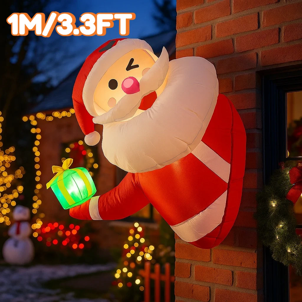 1M/3.3FT Christmas Decoration Inflatable Toy Santa Claus Holding Gift Box Home Yard with LED Light Decor Christmas Party Toy
