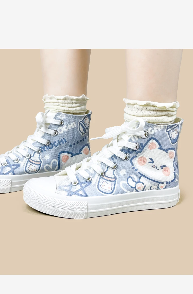 Amy und Michael Niedliche Cartoon-Katzen High-Top Canvas-Schuhe für Damen, Kawaii Weiße Schnürschuhe, Lässige Sneakers für Teenager-Mädchen, High-Top-Schuhe – Detail 6