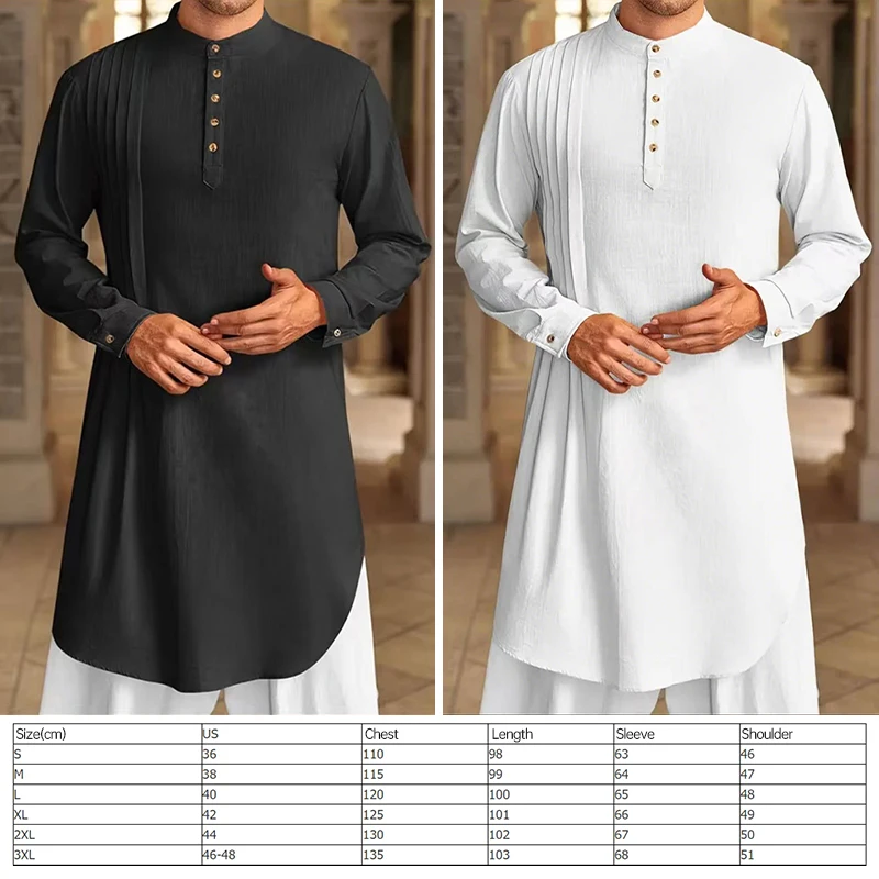НОВАЯ мужская мусульманская рубашка с воротником-стойкой и длинным рукавом, исламский арабский кафтан, однотонная уличная одежда, повседневная мужская одежда, хлопковое белье