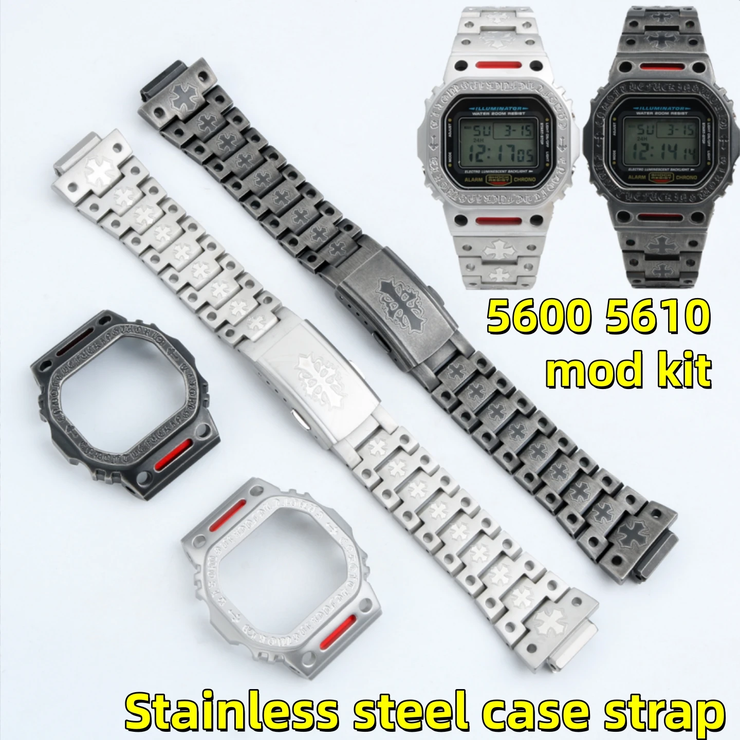 

Комплект для модификации DW5600: корпус и ремешок из нержавеющей стали для Casio DW-5600 DW-5610, винтажный стиль с гравировкой, металлический ремешок для часов, аксессуары для корпуса.