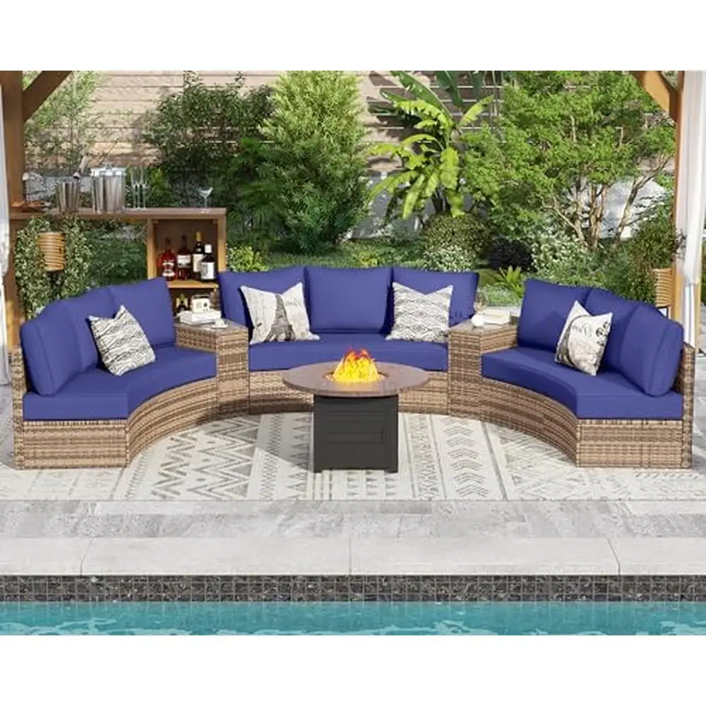 11 Piece Half-Moon Sectional Round Patio Furniture Set with Large Storage Wedge Table Comfortable Seating 9 People UV Resistant