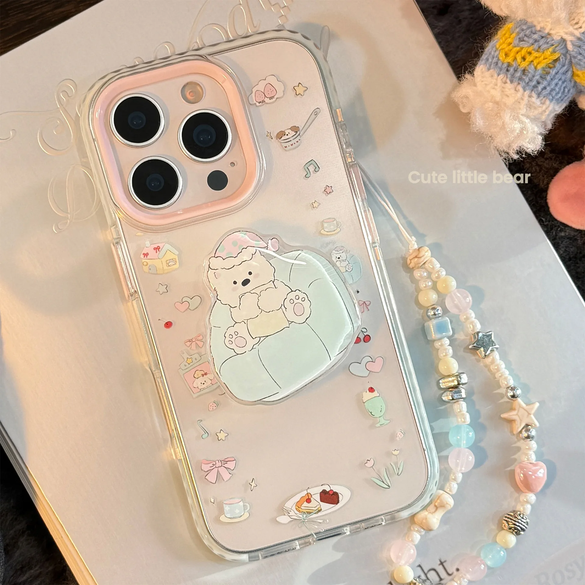 INS Dessert Klar Cartoon Sofa Welpen Halterung Mit Kette Telefon Fall Für iPhone 16 15 14 13 12 17 Pro max Stoßfest Stoßstange Abdeckung ﻿