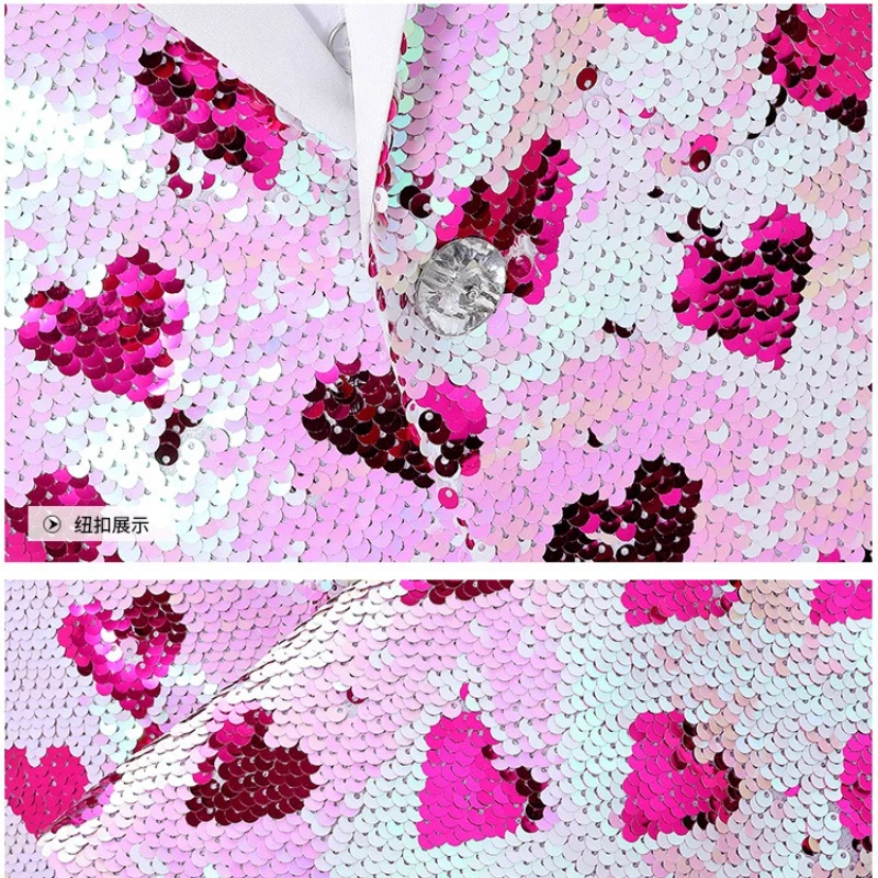 2025 Blazer de lentejuelas que cambia de Color de amor con cuello de fruta verde a la moda para hombres, chaqueta de vestir de actuación de presentador de cantante rosa de moda