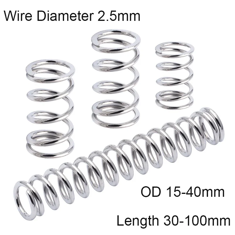 1Pcs 2.5mm Wire Diameter Spring Steel Compression Shock Absorbing Pressure Return Spring Ni-Plated OD 15-40mm Length 30-100mm