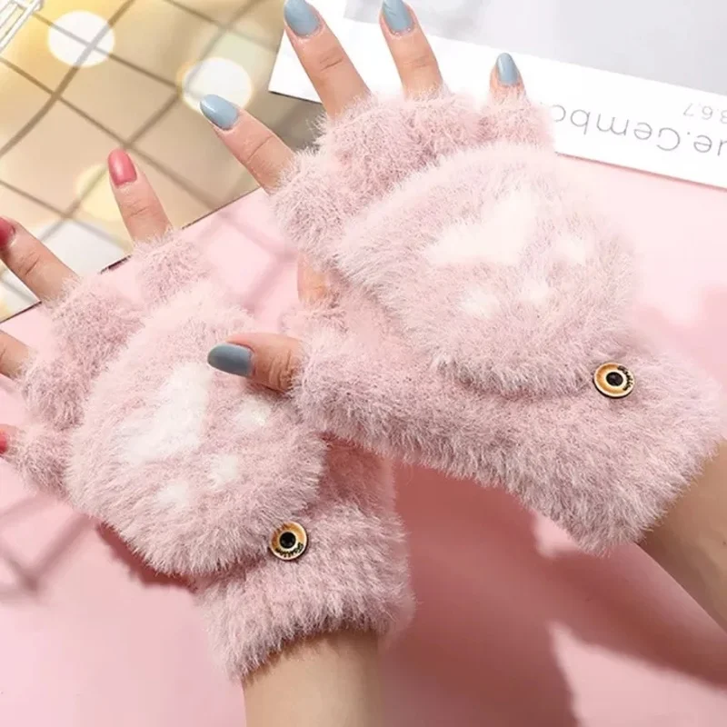 Guantes gruesos de lana de punto para mujer, manoplas cálidas con tapa de medio dedo, bonitos guantes de felpa con Pata de Gato, a la moda, Otoño e