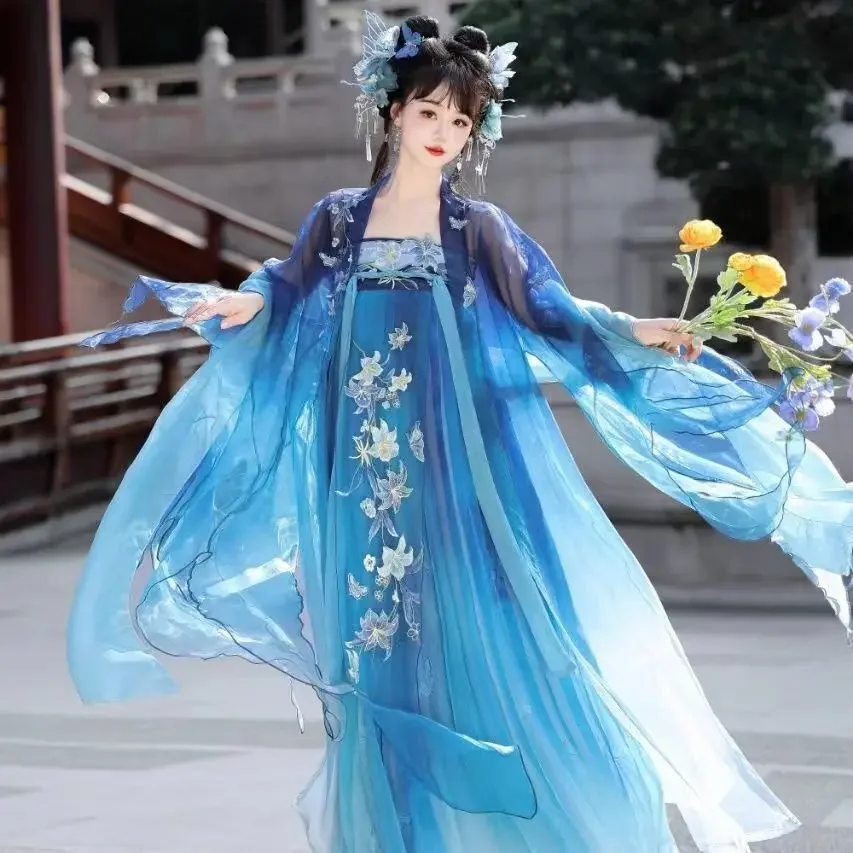 Nouveau [Porcelaine bleue et blanche] jupe Hezi de style Tang Hanfu pour femmes, longueur poitrine, chemise à grandes manches brodées, printemps et