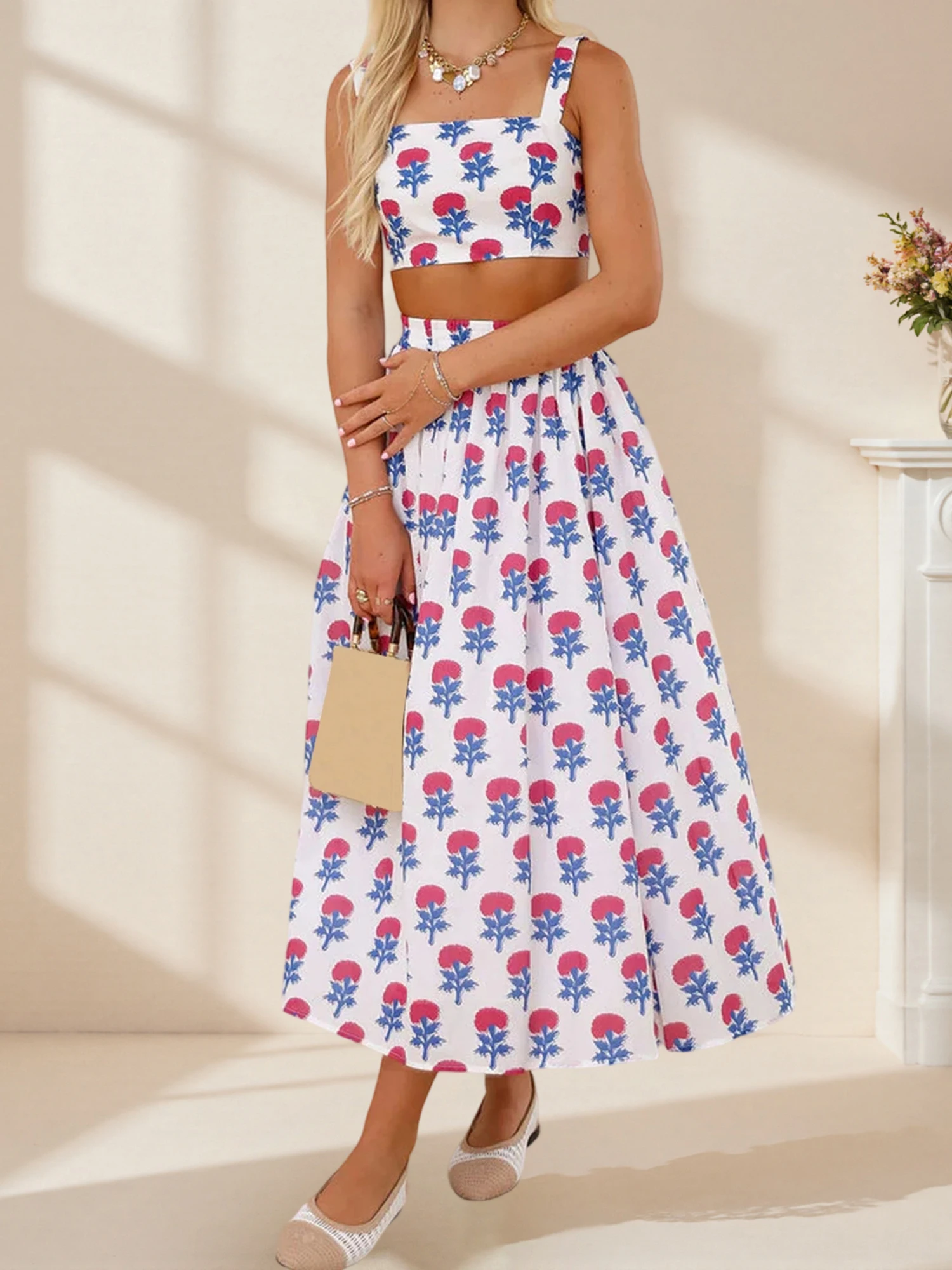 

Women s Boho Chic 2 Piece Set Floral Crop Top and Flowy Maxi Skirt Ensemble for Summer Getaways and Casual Days Out