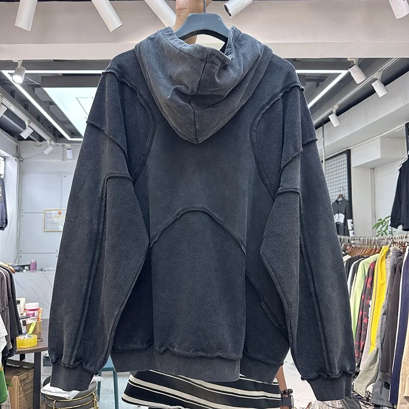 Vintage Washed Patchwork Hoodies Men Women Embroidered  Top Hood Oversize Pullovers Reverse Design  Hoodie