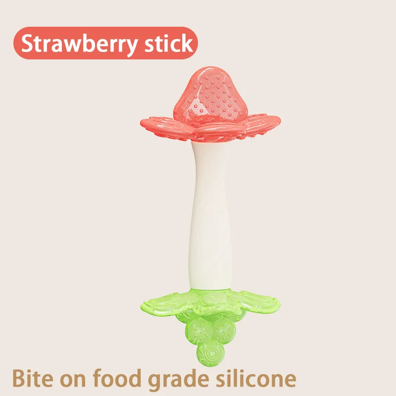 Massaggiagengive per conigli in Silicone sonaglio per bambini frutta per uso alimentare massaggiagengive stick Bite joy giocattolo lenitivo