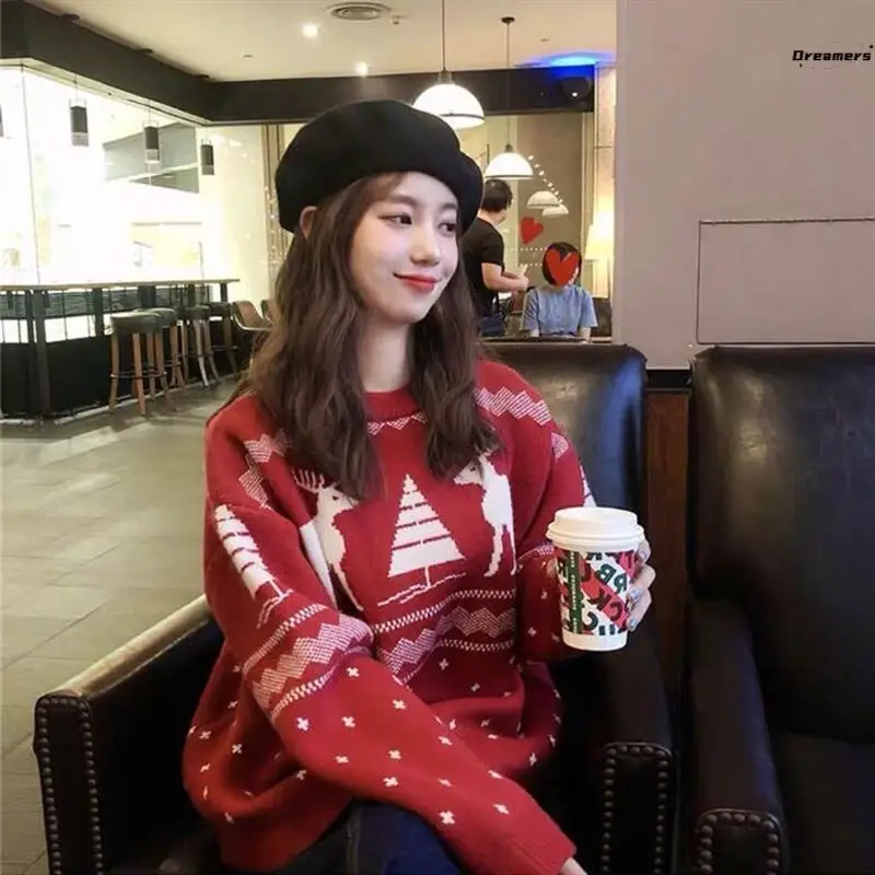 

Red Lazy Sle Knitted Sweater Women's Autumn Winter Loose Overalls Retro Salt System Crew Ne Long Sve round Ne Top