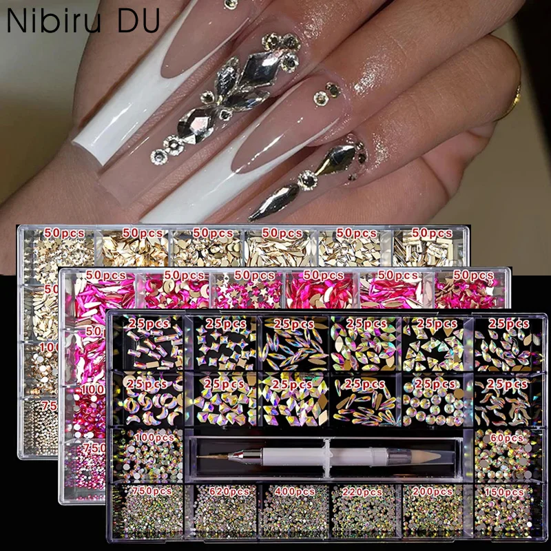 2800/3100PCS Luxury AB Glass Nail Art Rhinestones 21 Shapes Shiny Crystal Decorations Set With Pick Up Pen Grid Box For DIY Nail