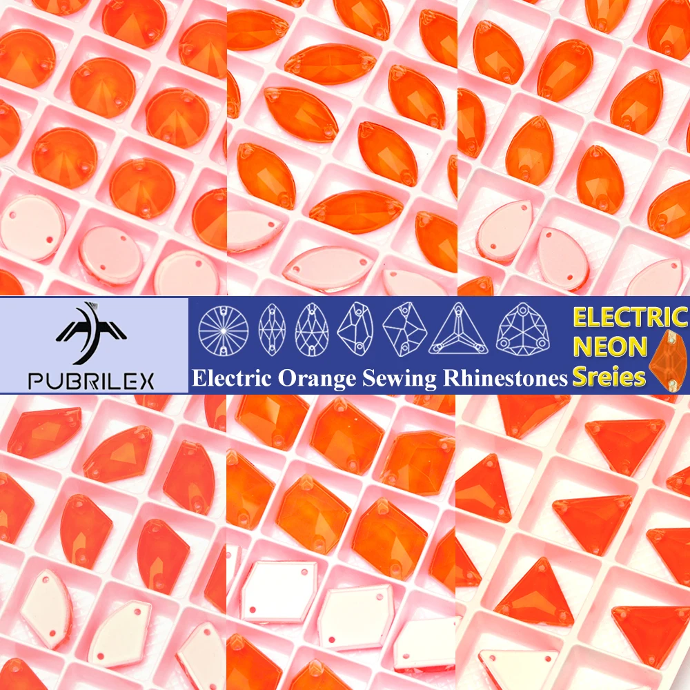 Pubrilex Electric Orange Sew on Rhinestones Flatback Glass Fluorescence Sewing Crystal Strass for Garment Dress Accessories