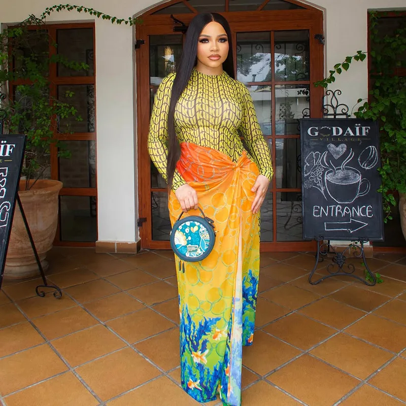 

Fashionable Long Sleeve Slim Fit Print Wrap Bodycon Dress Spring Summer New Arrival Women's Clothing Cross-Border Style