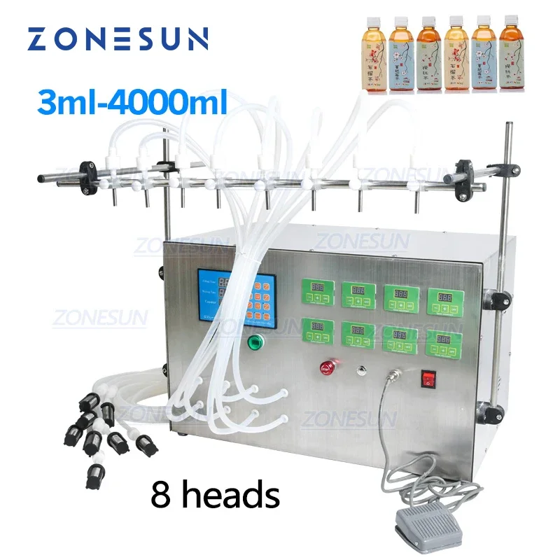 ZONESUN CNC Electric Liquid Filling Machine Digital Control Pump 0.5-4000ml 8 Head Perfume Water Juice Essential Oil Milk Filer