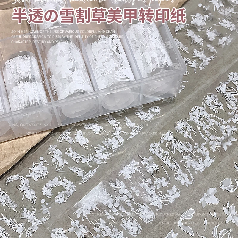 

10Rolls White Butterfly Flowers Nail Transfer Foils Semi-Transparent White Bloom Flower Decal DIY Wedding Bride Butterfly Slider