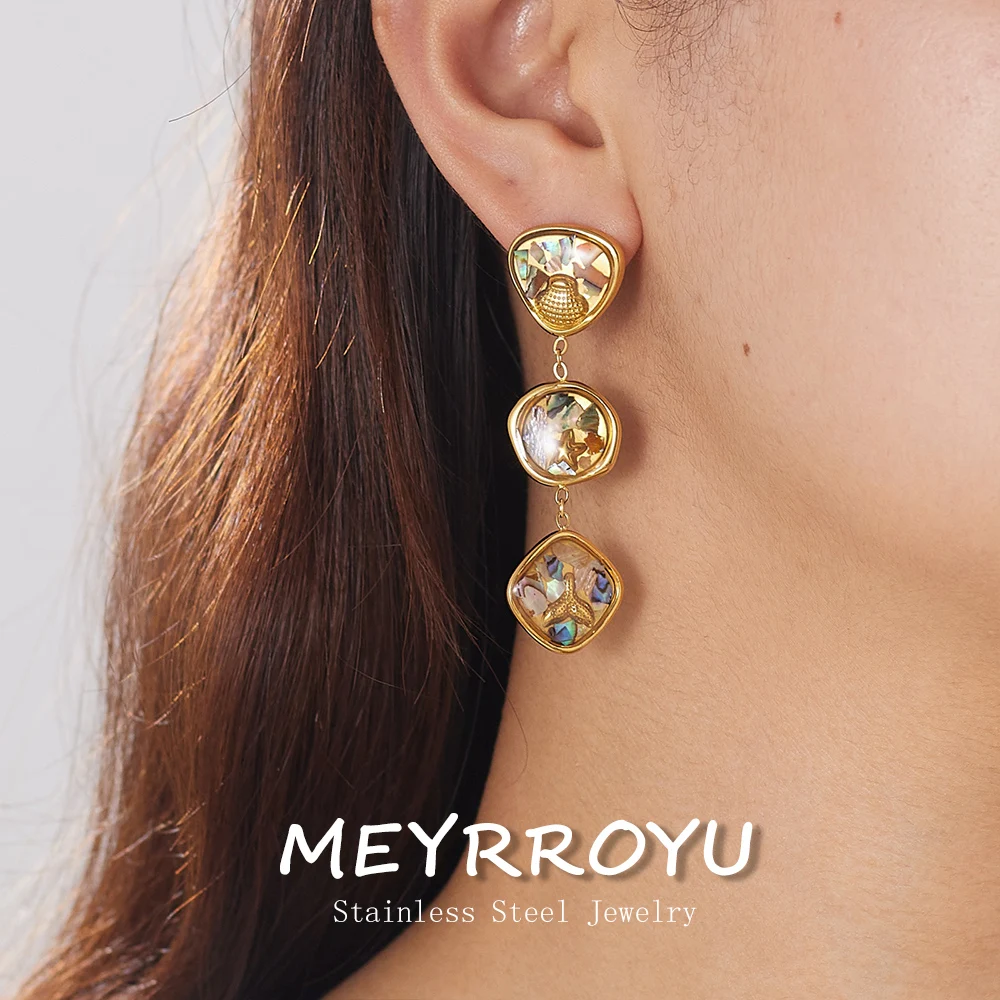 MEYRROYU 316L Stainless Steel Abalone Shell Ocean Charm Nautical Abalone Shell Dangle Earrings Golden Tone Starfish Jewelry Gift