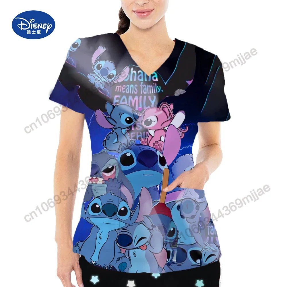 2024 Summer New Beautiful Disney Pattern Printed Women's Casual and Comfortable Nurse Dress V-neck Large Pocket Design Style Top