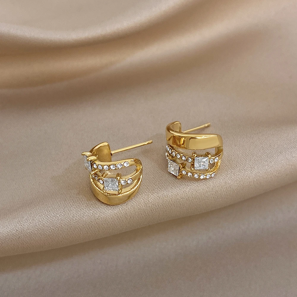 Fashion Gold Plated Stainless Steel Multi Layer Square Zircon Huggie Hoop Earrings For Women C Shape Earring Statement Jewelry