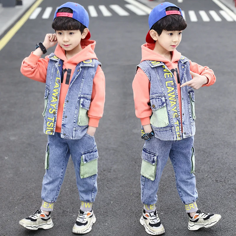 

Autumn Boy For Clothing Sets Spring 2023 New Fashion Letter Print Patchwork Denim Vest+Hoodies Jeans 3 Pieces Kids Suite 100-170