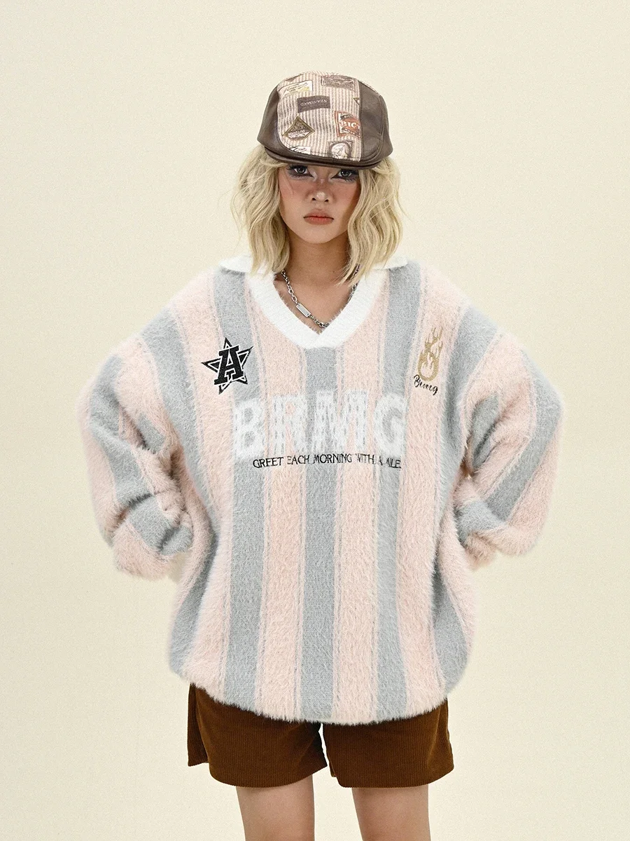 Soft Waxy Striped Sweaters Women's 2024 Winter New Loose Bf American Trendy Brand Knitted Top