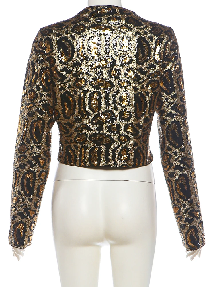 Weird Puss Leopardenmuster-Paillettenjacke für Damen, modisch, einreihig, lange Ärmel, Herbsttrend, Hottie Street Party Crop-Übermantel – Detail 6