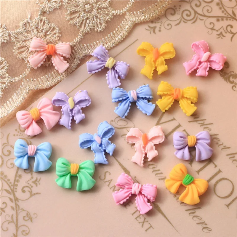 20Pcs/Lot Macaron Color Bow Cream Glue Phone Case Resin Jewelry Accessories Material For DIY Handmade Nail Art Decoration