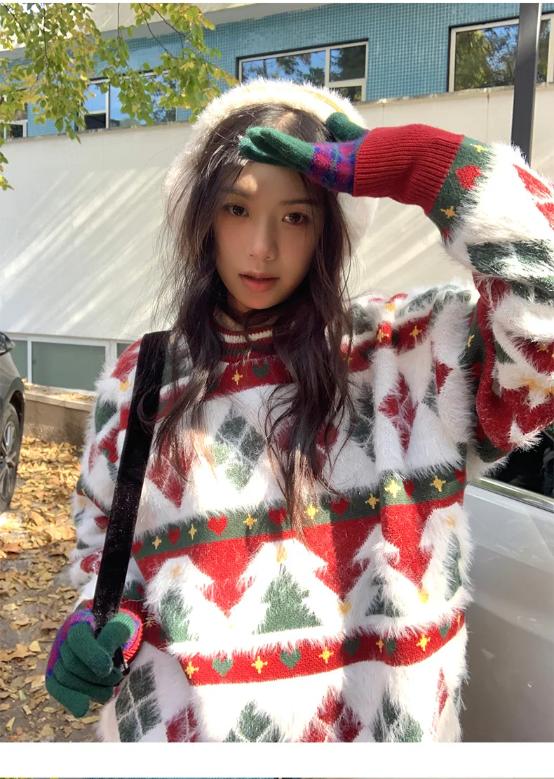 Thicken Warm Winter Loose Sweater Sweet College Girls Christmas Fluffy Sweater, Couple's Festive Tree Pattern Knit Top Kawaii